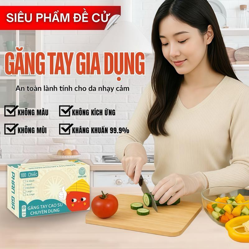 Hộp 100 chiếc găng tay cao su Phan Gia, dài 28cm, không bột - không mùi - không màu, an toàn cho da nhạy cảm. Thích hợp rửa bát, chế biến thực phẩm, spa, làm tóc, thẩm mỹ viện.