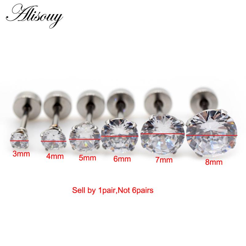 Alisouy 2pcs Unisex Women Men Round Crystal Zircon Stainless steel Ear Studs Earrings Barbell Tragus Cartilage Piercing Jewelry 2