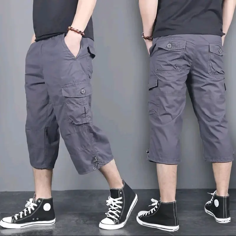 Celana Pendek 3/4 Sport Gabriel 7/8 Pria Dewasa Panjang Casual Nyaman Kantong Hitam Karet chinos Cargo Shorts Katun Santai Cowok Navy 2