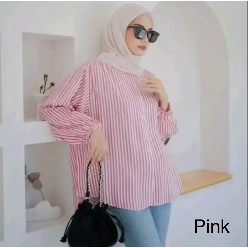 Kemeja Stripe  Oversized - Atasan Wanita - Pakaian Wanita - Stripe Shirt Atasan Wanita Lengan Panjang Katun Salur Baju Garis 2