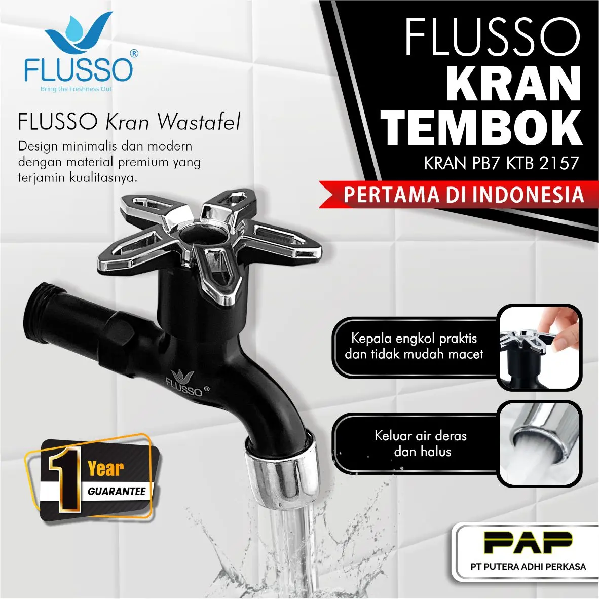 FLUSSO Kran Tembok Mesin Cuci 1/2 inch Baling Keran Air Kamar Mandi Black SIlver