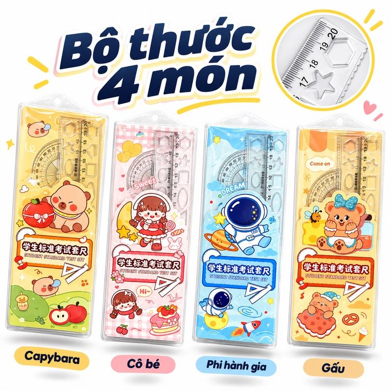 Bộ thước kẻ 4 món dành cho học sinh: Bao gồm một thước thẳng 20cm, một thước đo độ và hai thước ê-ke trong suốt; đi kèm túi đựng với một trong bốn mẫu thiết kế dễ thương.