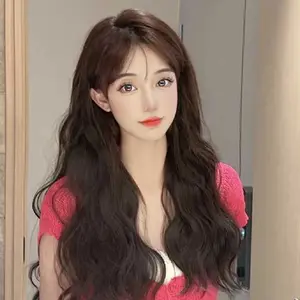 Wig Rambut Panjang Wanita Penuh Alami Kepala Gaya Rambut Keriting Bergelombang Poni Udara Simulasi Rambut Manusia Set Rambut Palsu