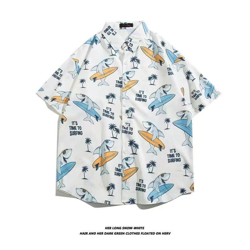 Product Introduction of Shark with a surfboard Hawaiian flower shirt Summer men's and women's shirt shirt loose casual Thai plankton beach holiday shirt 2