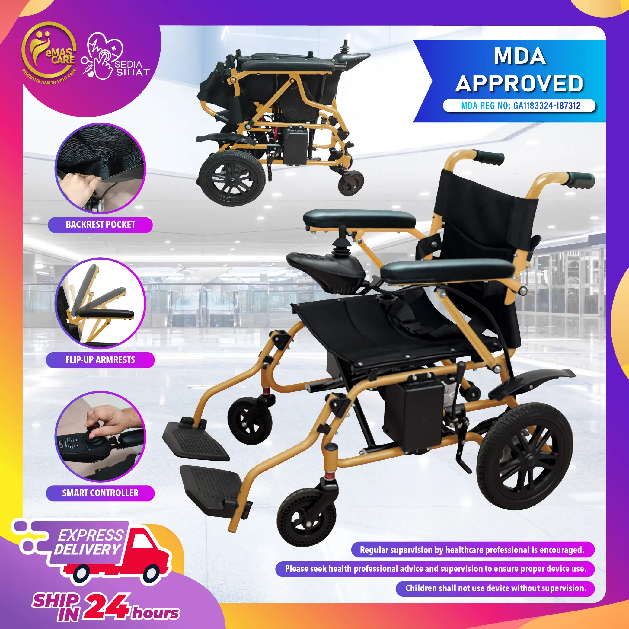 Electric Wheelchair Ringan 28kg Kerusi Roda Elektrik Ringan Lightweight Foldable Transport Auto Motor Wheelchair Remote Quality 12in Tayar Kecil