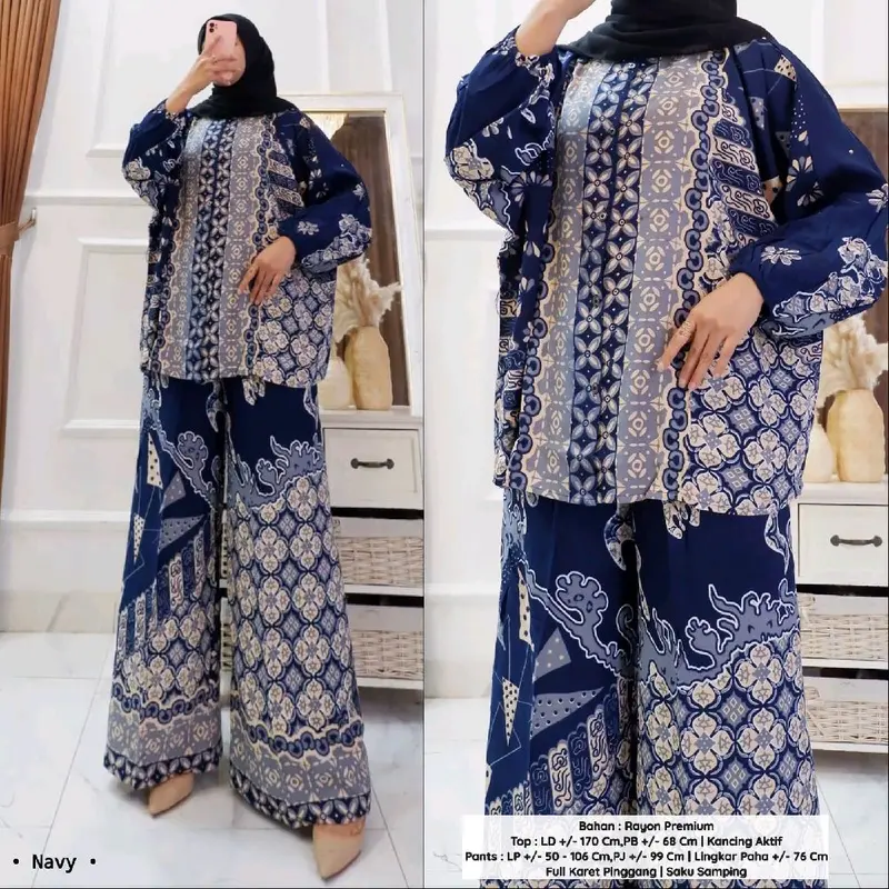 Seruni Setelan Jumbo  Blouse Batwing dan Kulot Bahan Rayon Batik Adem Nyaman Busui Kancing Aktif Baju Motif Celana Panjang Muslim Karet Samping Top 3