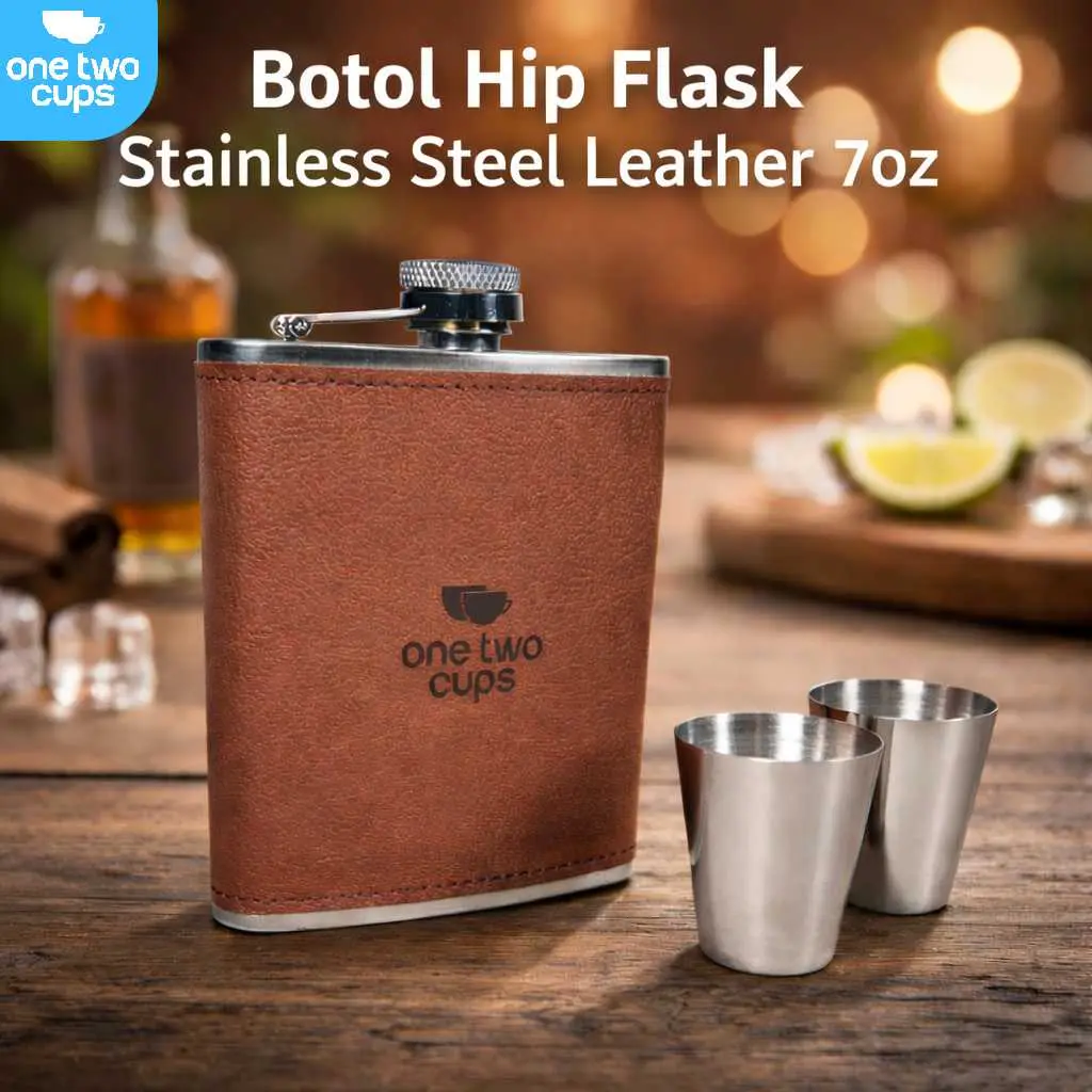 Hip Flask Stainless Steel 7oz Vintage Leather – Botol Minum Alkohol Portable dengan 2 Shot Glass & Corong TAG7
