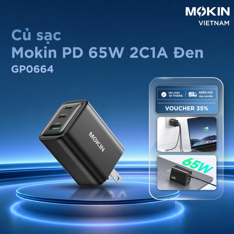 Củ Sạc Mokin PD 65W 2C1A Đen I Củ Sạc Gọn Nhẹ, Tương Thích Hoàn Hảo Cho MacBook & Smartphone I Bảo Hành