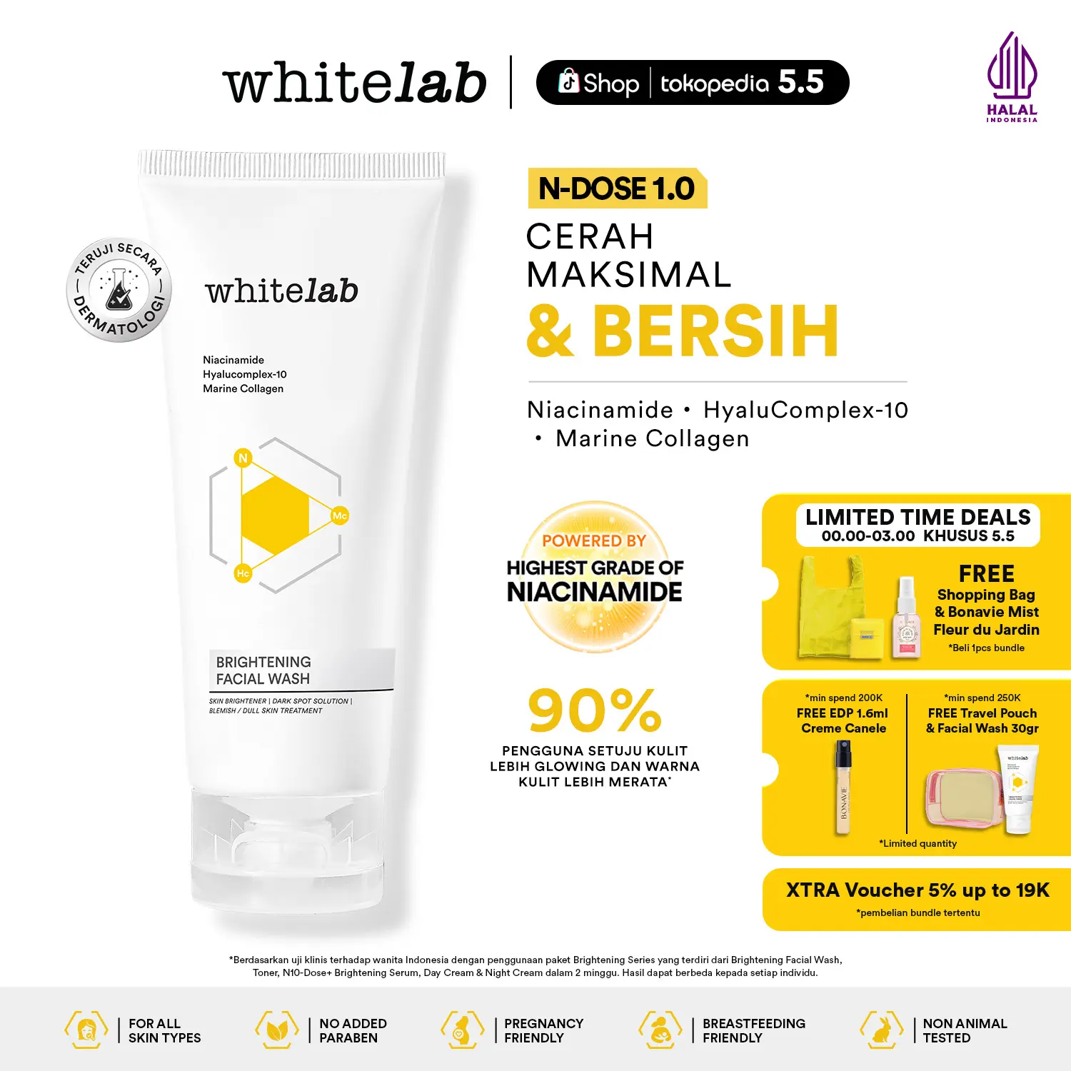 Whitelab Brightening Facial Wash - Sabun Pembersih Muka Pencerah Dengan Niacinamide, Hyaluronic & Collagen [BPOM] Wajah Mencerahkan Cleanser Cleansing Mengangkat Kotoran
