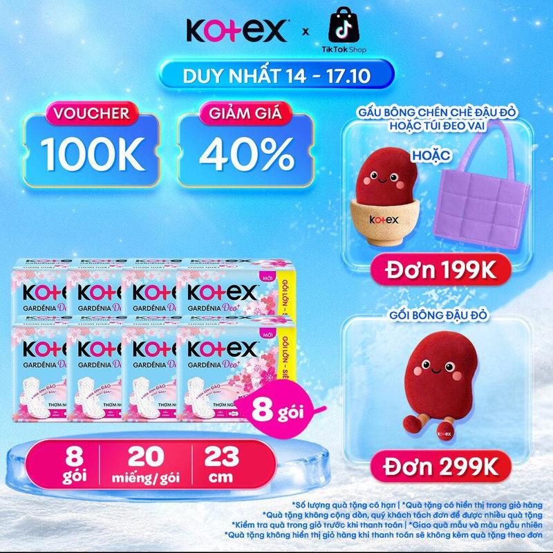[QUÀ TẶNG HOT] 8 gói băng vệ sinh nữ Kotex Gardenia Deo+ - Hoa Anh Đào siêu mỏng cánh 23cm 20 miếng/gói, Mặt bông, Thấm hút tốt, Chống tràn, Khử mùi, hương hoa anh đào, bvs kinh nguyệt nhiều, ban ngày, miễn phí vận chuyển, chính hãng, tampon.