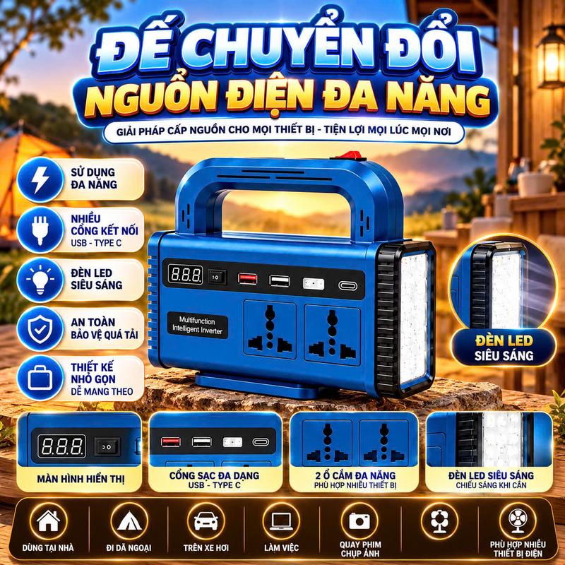 Lẻ thân đế chuyển đổi nguồn điện đa năng kèm cổng sạc điện thoại phù hợp chân pin phổ thông