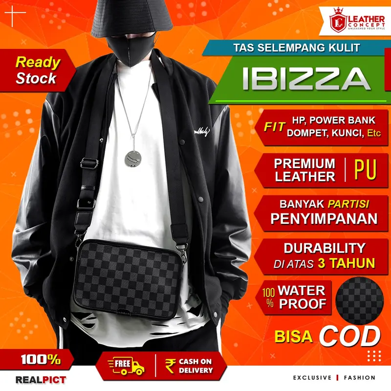 Leather Concept IBIZZA Tas Selempang Pria Kulit Tas Kulit Cpwok Tas Pria Tas Jalan hitam cowok 1