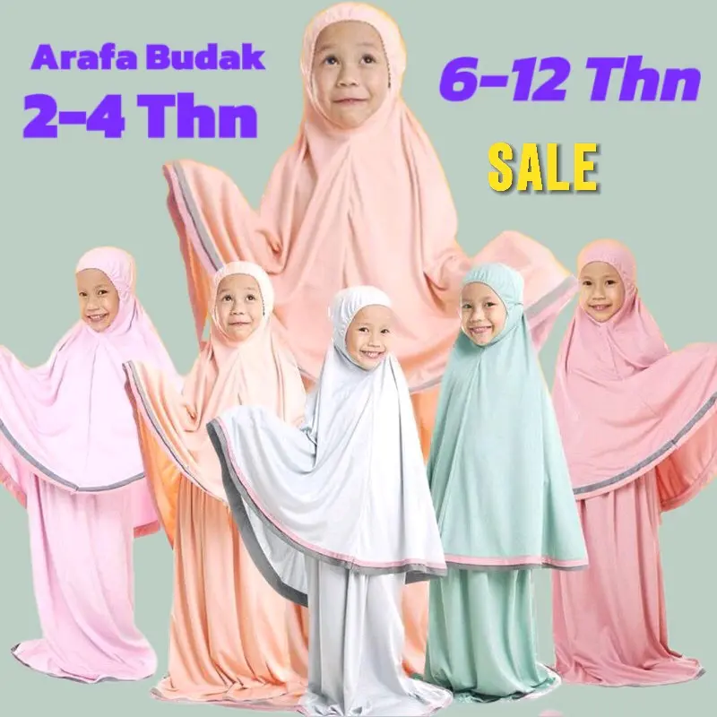 Telekung Arafah Budak (3-14 Tahun) - Kain Viskos Lace, Baju Solat Labuh Pink Anak Perempuan Jersey