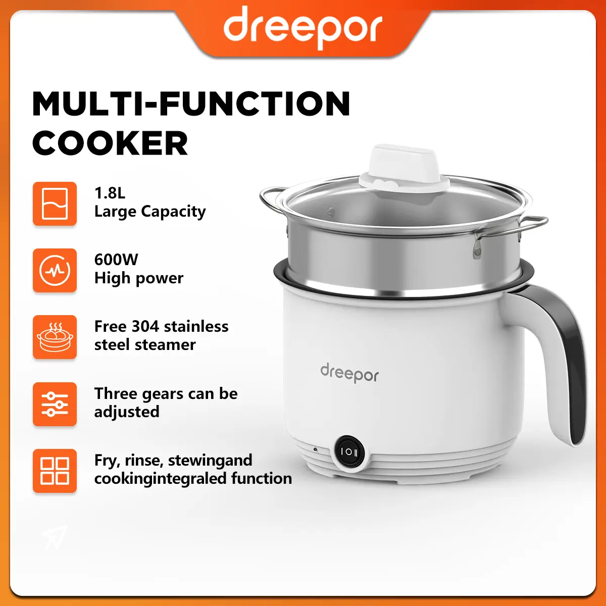 Dreepor 1.8L 1Temperature  Mini Rice Cooker With Steamer Small Non Stick Hot Pot Multil Electric Multi Cooker With Steamer Non Stick Multi Cooker Multifunction