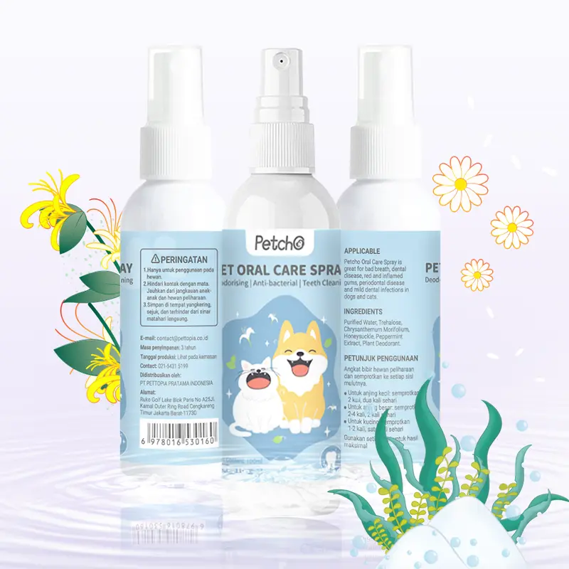 Petcho Semprotan Oral Hewan Peliharaan Obat Kumur Kucing Penyegar Napas Kucing Semprotan Penyegar Napas Anjing Membasmi Bakteri Hilangkan Bau 100ML 6