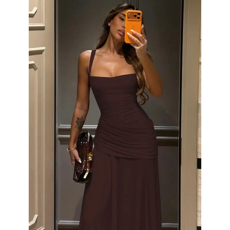 Vestido largo sin mangas de color sólido con lazo en la espalda para mujer, vestido ajustado con tirantes cruzados y cordones en la espalda, diseño minimalista, ideal para fiestas, clubes, citas, eventos formales, vestidos casuales para damas, moda para t - Foto 5