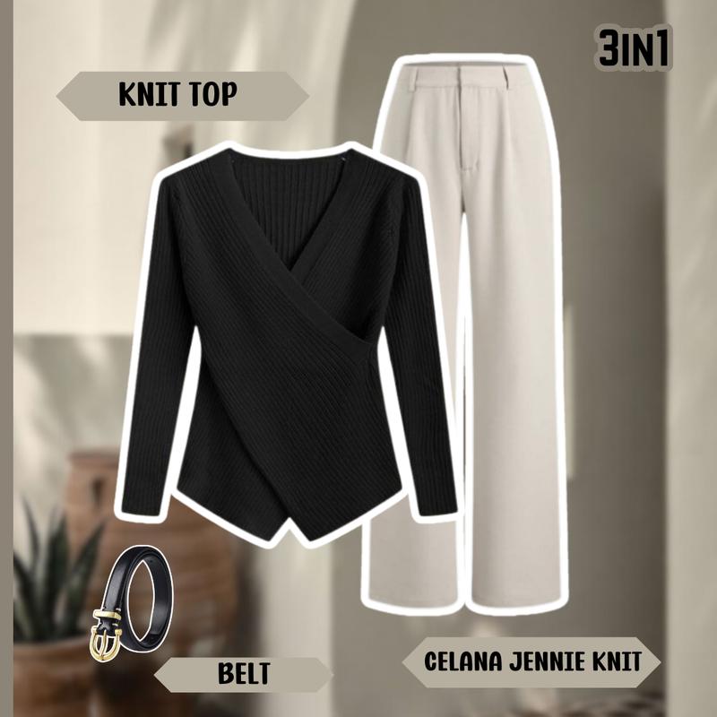 Setelan Pakaian Wanita Kekinian Satu Set Outfit Hangout - Top Knit + Jennie Knit Pants + Belt(RF0031) Atasan Bawahan Celana Panjang Kantong Kulot Baju Blazer Linen 2
