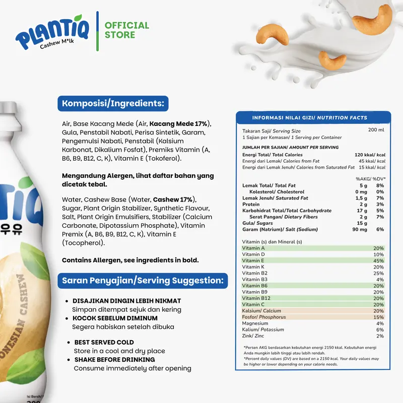[24 PCS ] PLANTIQ Cashew Milk Original 200ml - Susu Kacang Mede Rasa Original -  Non Dairy Milk Lactose Free 2