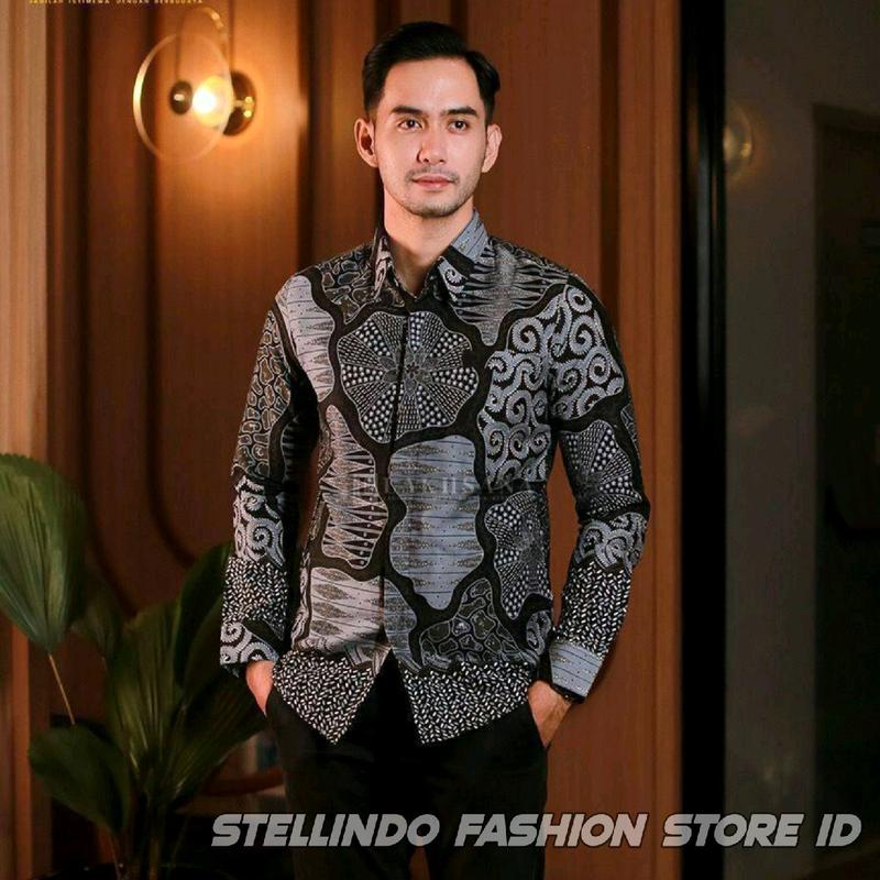 Kemeja Batik Pria Modern Katun Halus Atasan Batik Cowok Baju Kemeja Batik Lengan Panjang Hitam Size M L XL XXL 9