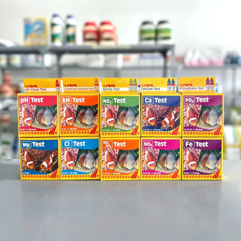 Bộ Test Sera, Đức - Đo Các Chỉ Tiêu Chất Lượng Nước: Cl₂, pH, kH, NO₂, NO₃, NH₄/NH₃, Ca, Mg, Fe, 0
