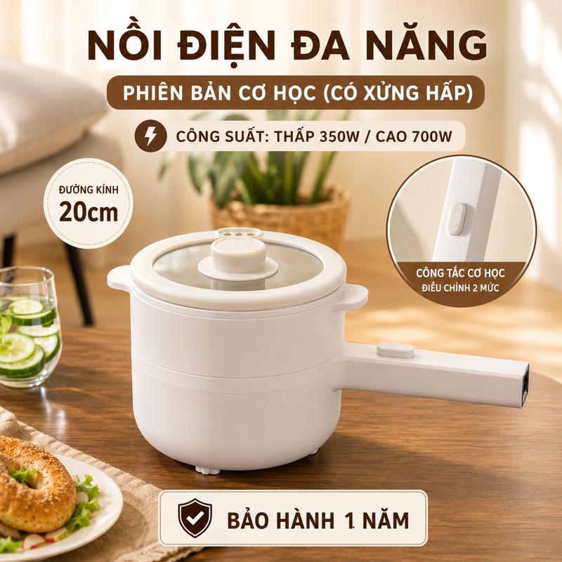 Nồi Điện Đa Năng 2.1L Có Xửng Hấp 700W Công Tắc Cơ - Chống Dính, Nấu Lẩu, Chiên Xào