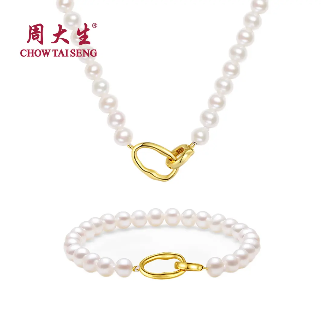 【Chow Tai Seng】S925 Silver Pearl Minimalist Vintage Style Necklace & Bracelet Jewelry Set