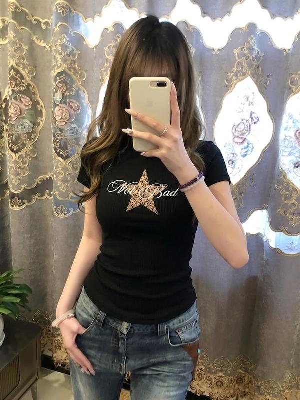 Áo Babytee Y2K Gothic Star - Áo Thun Ôm Body Nữ Gân Tăm Tôn Dáng XMKN.