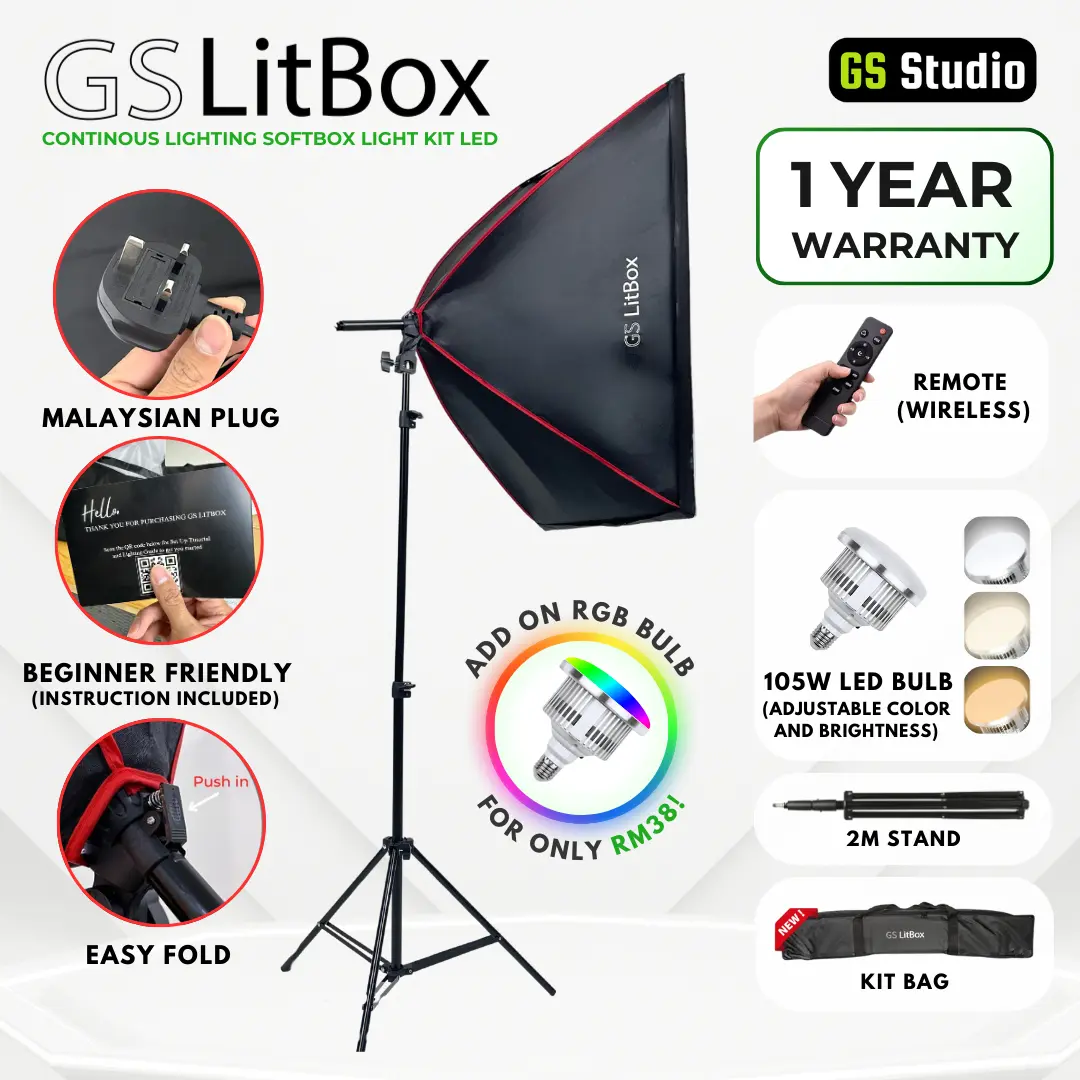 GS LITBOX CONTINOUS LIGHTING SOFTBOX LED KIT 105W ADJUSTABLE COLOR 3200K-5500K WITH WIRELESS REMOTE CONTROL, MALAYSIA PLUG SINGLE LIGHT KIT