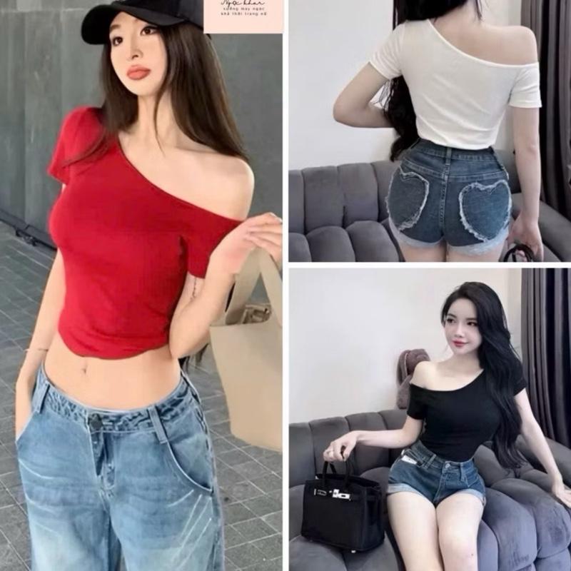  A52u Áo Thun Kiểu Cổ Trễ Vai 1 bên Dáng Tay Ngắn Ôm Body Tôn Dáng Phong Cách Mới Chất Thun XỊn size dưới 53kg 