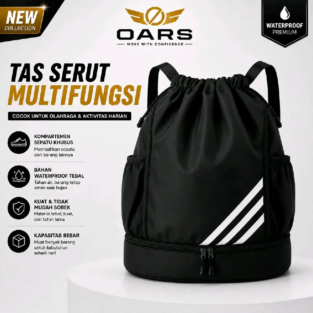 Tas olahraga multifungsi tas futsal,tas sekolah dengan kompartemen sepatu motif Garis Putih untuk Pria dan Wanita