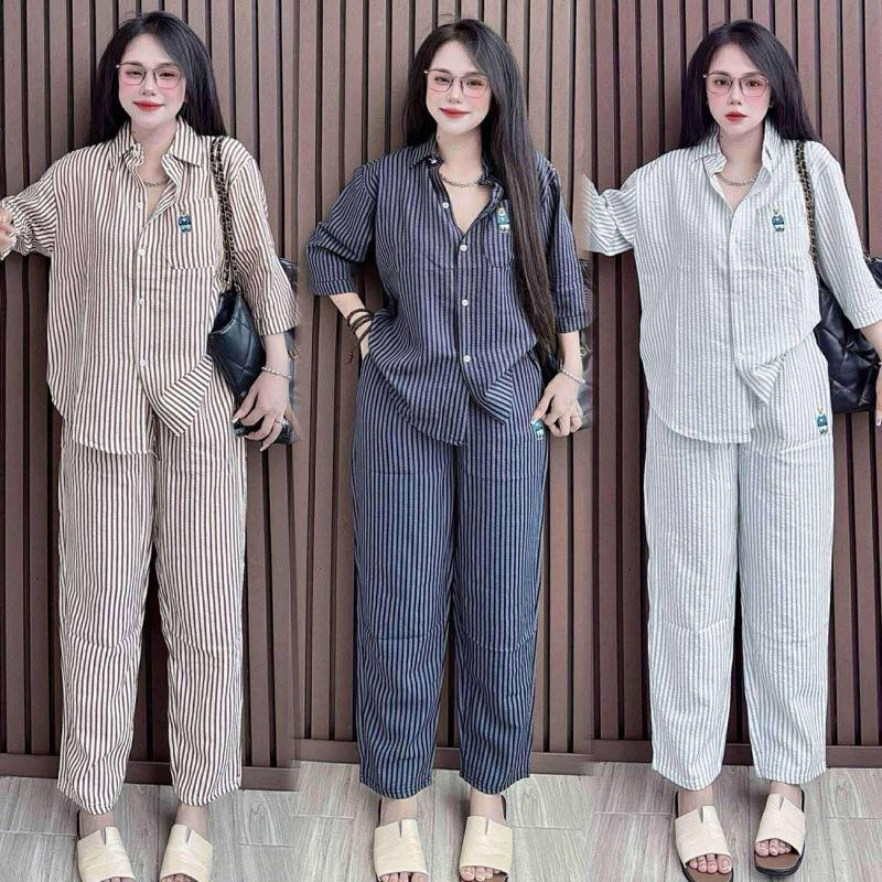 [Bigsize 60 - 95kg] Set Áo Sơ Mi Kẻ Sọc Tay Lỡ Thêu Gấu Kèm Quần Dài Dáng Baggy, Chất Cotton không giãn