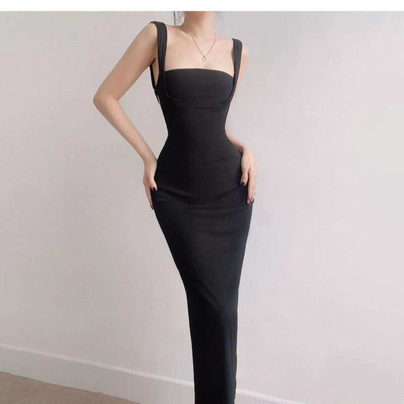 Product Introduction of Square neck sleeveless camisole backless dress for women, solid color fashionable Binding strap Retract your waist Wrap the buttocks bodycon mid length skirt 8