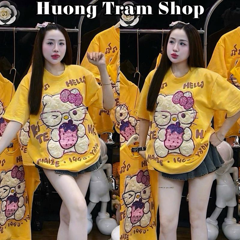 ÁO MÈO DÂU THÊU KIM SA BLING FREESIZE 50-70KG - Áo thun cotton 4 chiều mềm mát , Áo thun nữ thêu phụ kiện , Hương Trầm shop