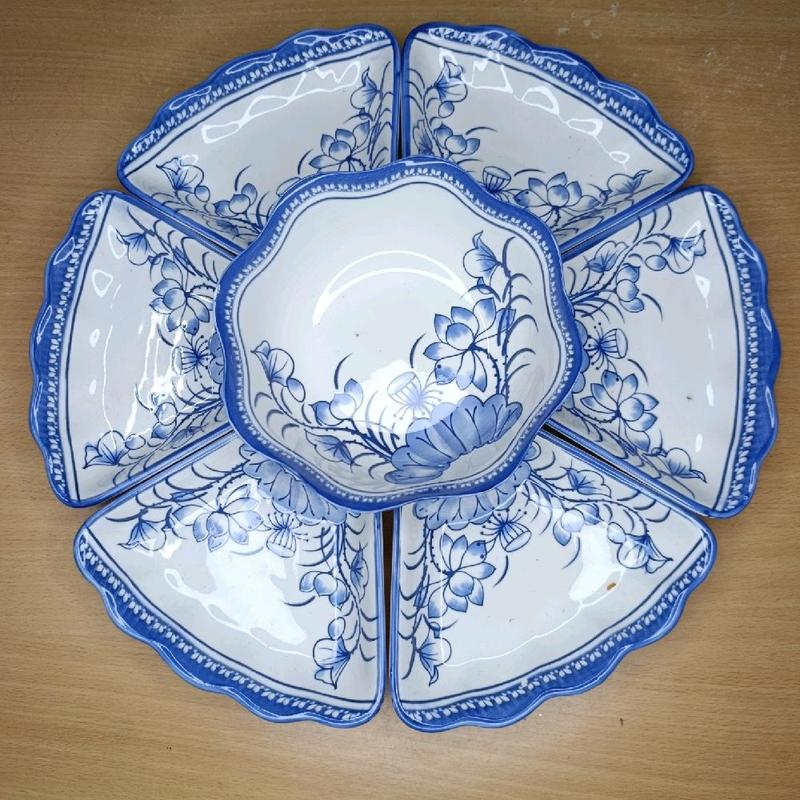 Sét bát đĩa hoa mặt trời họa tiết hoa sen gốm sứ Bát Tràng size 45 cm đẹp dâng cúng Phật thắp hương gia tiên rất tố hảo- TẶNG KÈM 1 BÁT MẮM SEN XANH