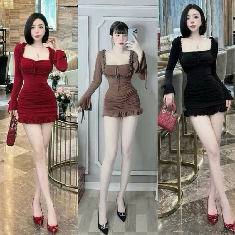 SM - Đầm body cổ u viền bèo tay loe dài nhún eo siêu yêu - Thun gân tăm H645 Váy boby , váy body nữ tôn dáng , váy xinh , váy đi tiệc , váy đi biển