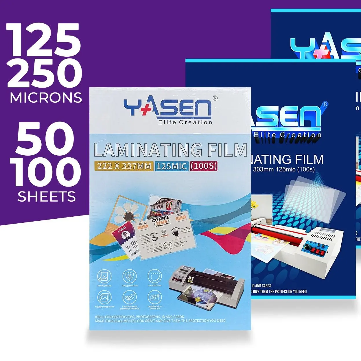 Yasen Laminating Film A4/Short/Long/A3 125/250 Microns Hot Lamination (100 Sheets) - PET Glossy Transparent