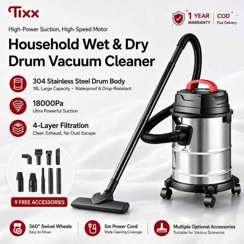 Tixx 18L Household&Industrial Vacuum Cleaner Multi-Purpose Wet and Dry Vacuum Cleaner, 3 in 1 Strong Suction Dry/Wet/Blow 304 Stainless Large Capacity Industrial&Barrel vacuum cleaner Car Cleaners