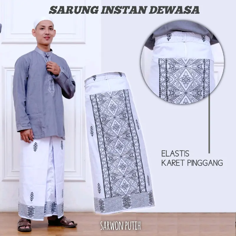 Sarung Instan Dewasa Motif Sarwon Tenun rayon Bahan Halus Modis dan Praktis Muslim - Kain, Pria Bali Putih Hitam 1