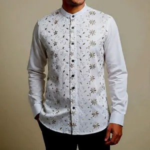 Asb Baju Pria Lebaran Dewasa Koko shoba bordir Kemko Kombinasi Putih Kemeja Busana muslim premium quality slim satin berkancing formal Lengan Panjang Atasan Terbaru