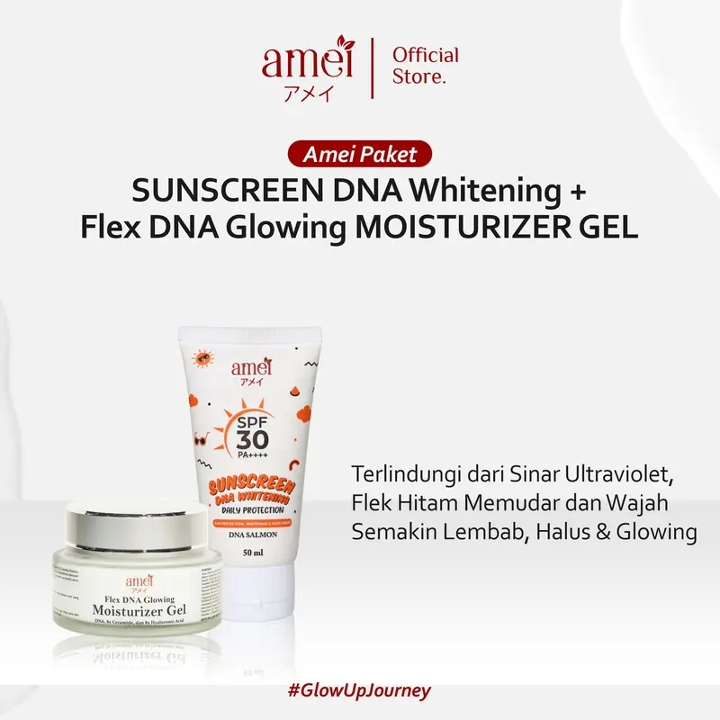 Amei Paket Bundling Flek Dna Glowing Moisturizer Gel 30g & Sunscreen SPF 30 PA++++ 50 Ml - Membantu Memudarkan Flek Hitam - Mencegah Flek Hitam - Mencerahkan Warna Kulit - Melindungi Dari Sinar UVA & UVB Wajah 0