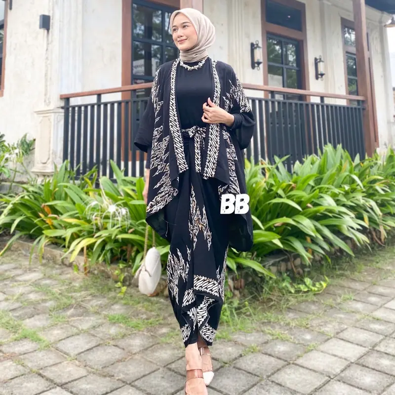 OUTFIT KONDANGAN SIMPEL ONE SET BATIK OUTER ROK LILIT KIMONO WANITA RAYON GLOYOR MOTIF ETNIQ OVERSIZE MODERN Muslim Setelan Simple 7