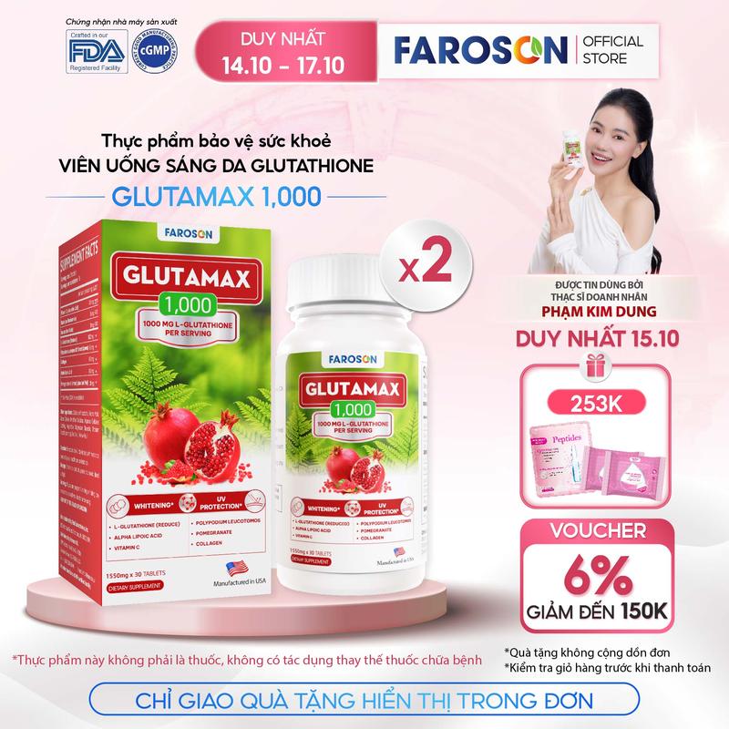 [2Hộp] TPBVSK Viên Uống Glutathione Faroson Glutamax 1000 Hỗ Trợ Sáng Da Mờ Thâm Nám Chống Nắng Hộp 30 Viên