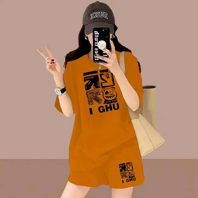 Setelan Celana Pendek dan Lengan Pendek Wanita bahan baby terry- Model Terbaru -setelan santai Atasan Motif printing Baju Kaos Hitam Cewek Nyaman Lembut Kerah bulat Panjang Topi 4