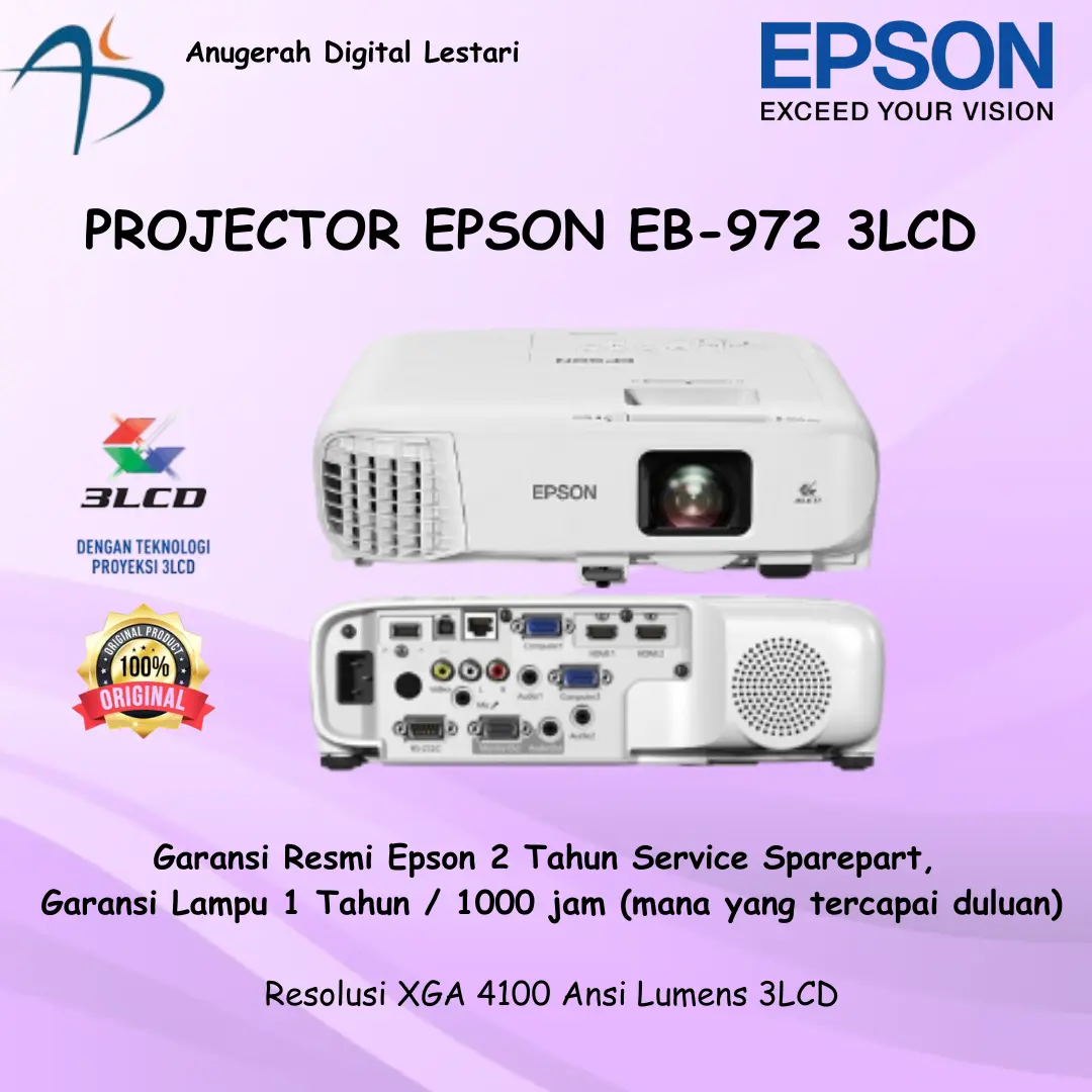 Projector Epson EB-972 XGA 4100 Ansi Lumens 3LCD White