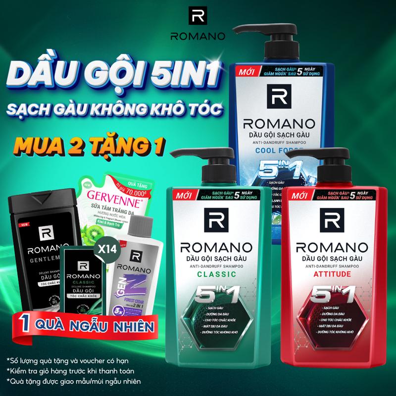 [ĐỘC QUYỀN KOL] Dầu gội sạch gàu Dưỡng Tóc cho nam Romano 5in1 hương nước hoa Classic/ Force/ Attitude 610g-650g/chai3 mùi hương có sẵn