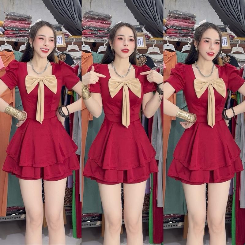 Mã 886 Sét Thun Hai Da Áo Cổ Vuông Tay Phồng Đính Nơ Quần Đùi Váy