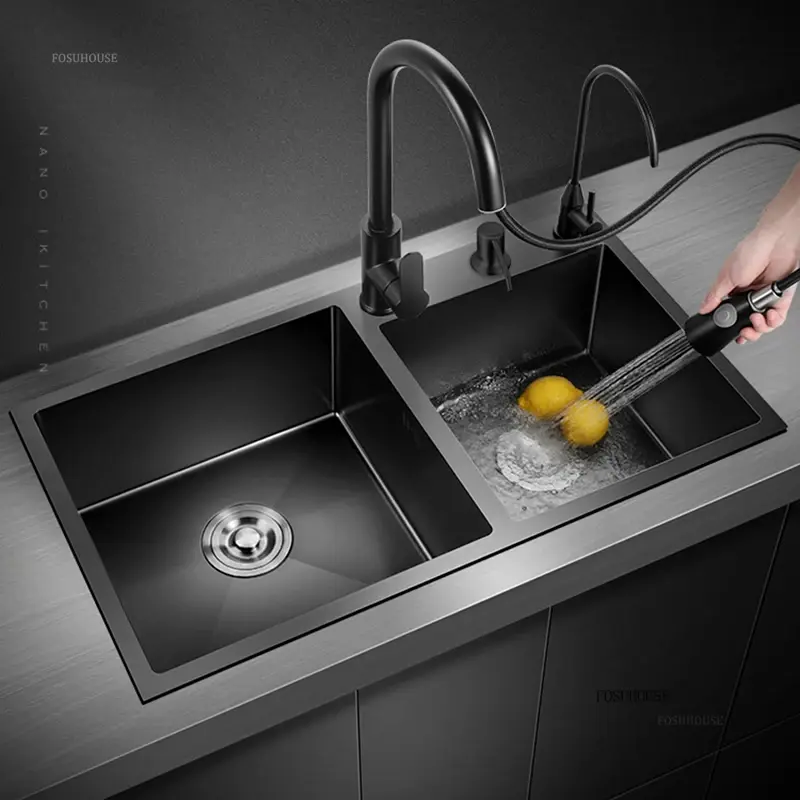 Simple Nano Metal Kitchen Sinks for Home Double Trough Large Capacity Sink German Multifunctional Kitchen Sink for Restaurant