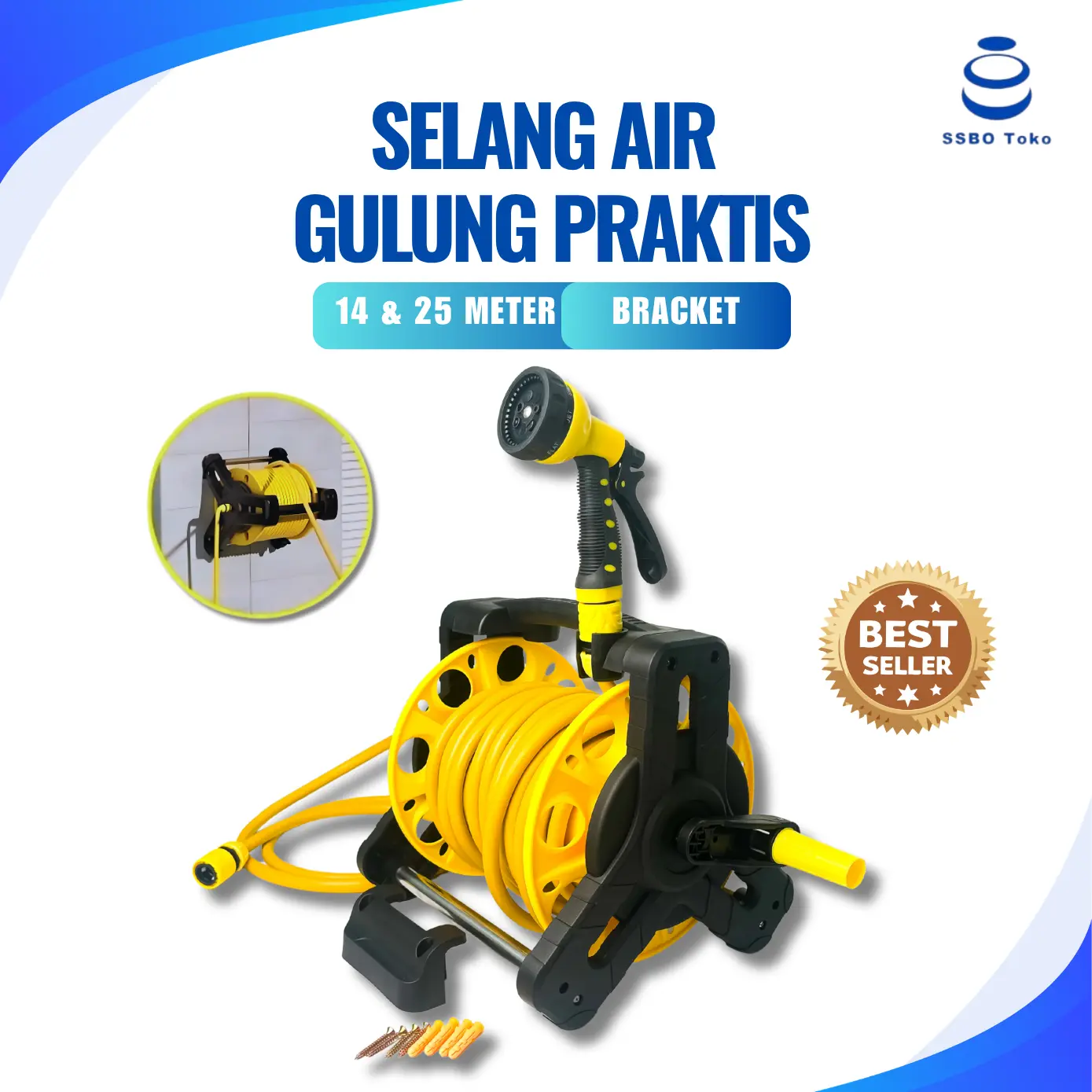 Paket Semprotan Selang Air 14 & 25 Meter Kuning Jet Spray Taman Dan Bracket Dinding Perkebunan Alat Cuci Motor Mobil Simple COD