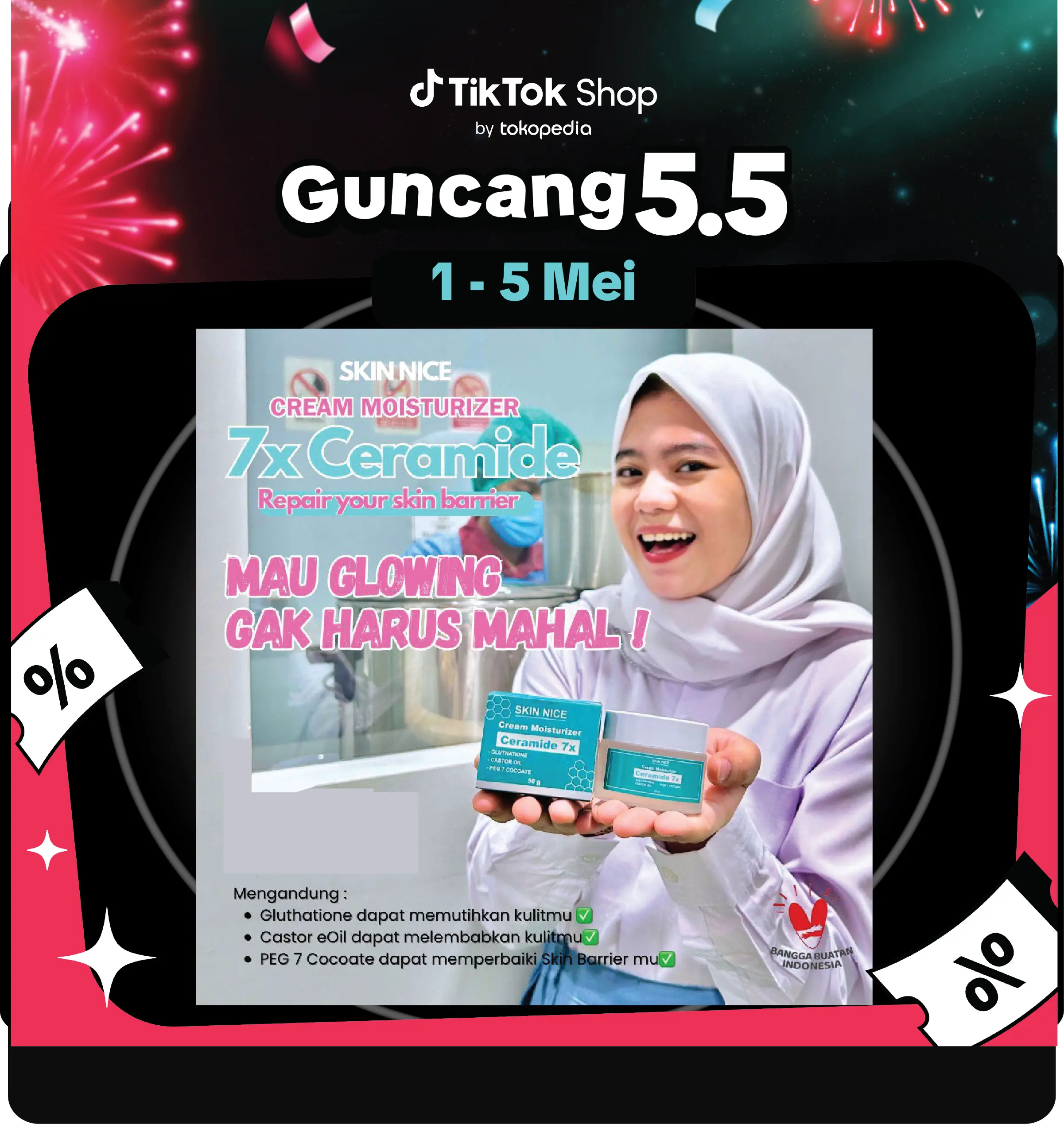 SKIN NICE 7x Ceramide Moisturizer Gel -50g/30g Moisturizer Krim pencerah Kulit Kering & Sensitif BPOM, Anti Aging Pelembab wajah Melembutkan