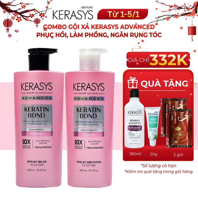 Cặp dầu gội xả Kerasys Advanced Keratin Bond Hàn Quốc phục hồi chuyên sâu tóc hư tổn làm phồng tóc và hỗ trợ ngăn ngừa rụng tóc